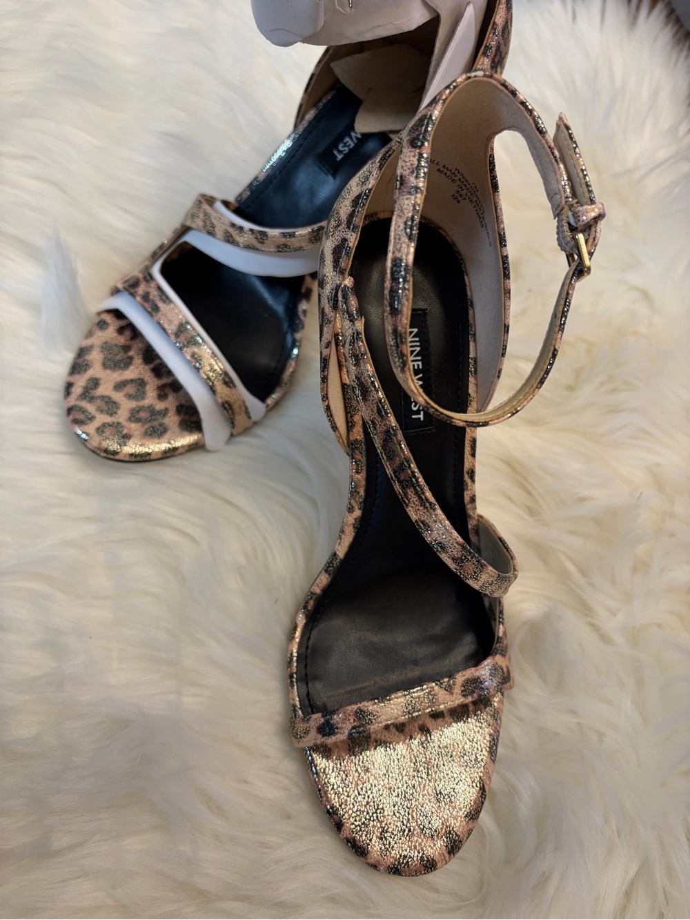 NWOT-Nine West Rose Gold Leopard Print Ankle-Strap Heels